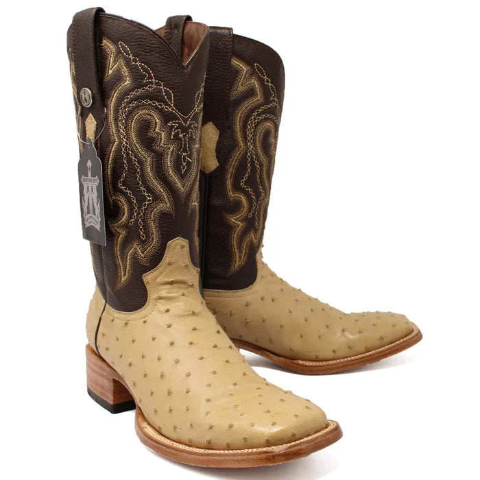 Men's Genuine Full Quill Ostrich Square Toe Boots Oryx - 6