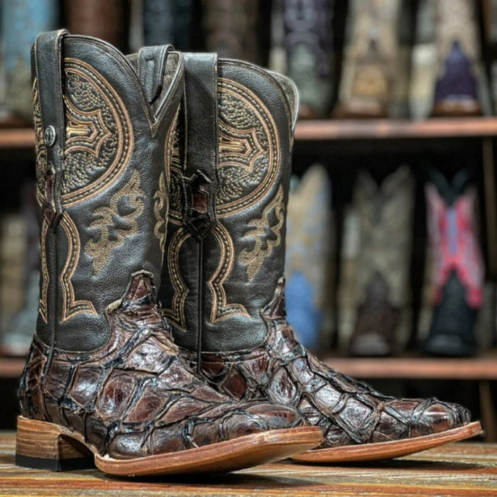 Men's Genuine Monster Fish Leather Square Toe Boots Chocolate - 6