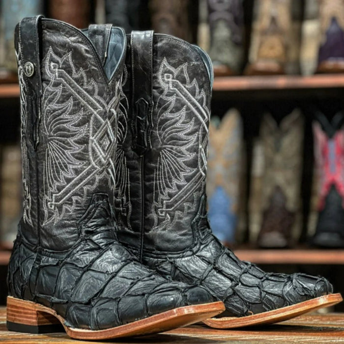 Men's Genuine Monster Leather Fish Square Toe Boots Black - 6