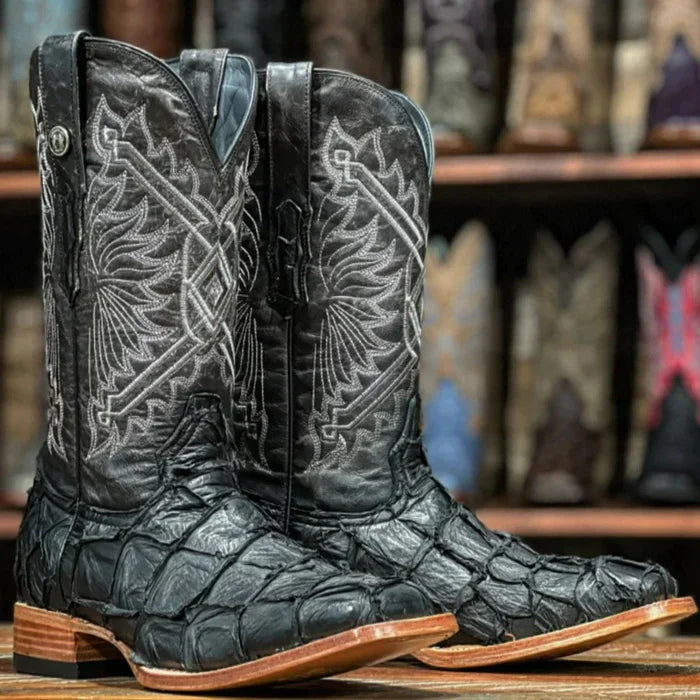 Men's Genuine Monster Leather Fish Square Toe Boots Black