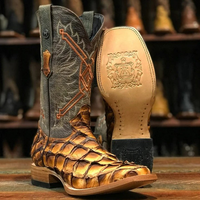 Men's Genuine Monster Leather Fish Square Toe Boots Brandy - 6