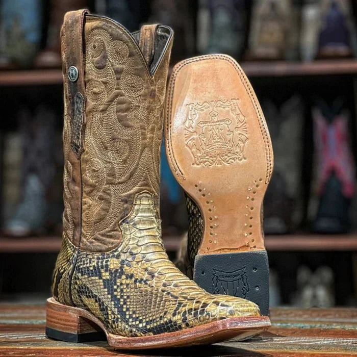Men's Genuine Python Square Toe Boots Antique Saddle - 6.5