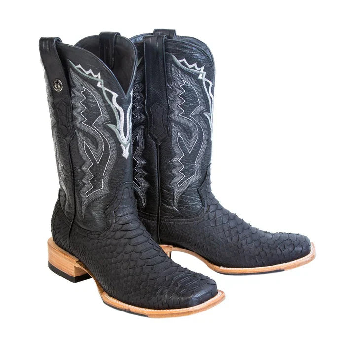 Men's Genuine Python Square Toe Boots Black - 6.5