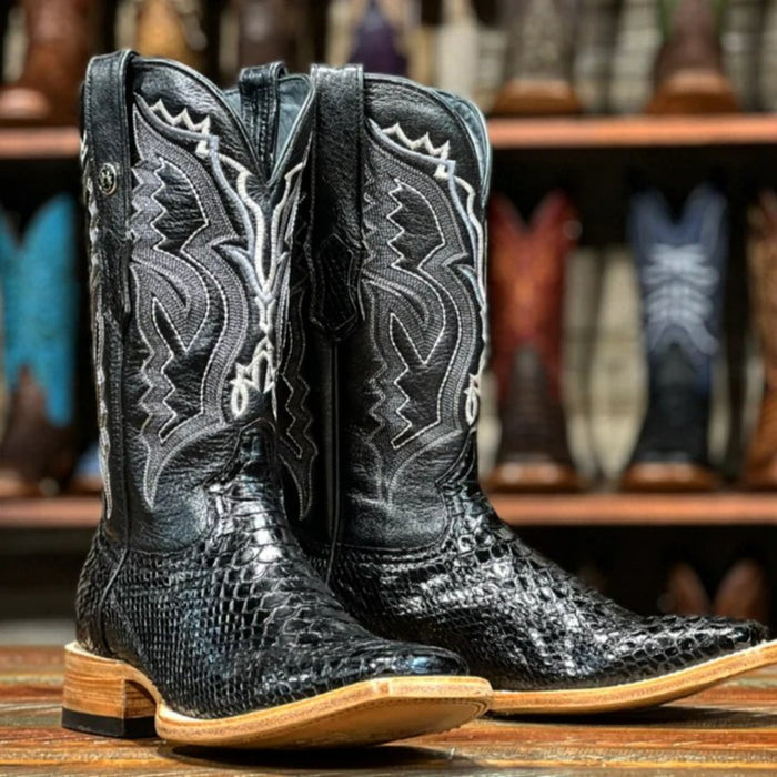 Men's Genuine Python Square Toe Boots Black - 6