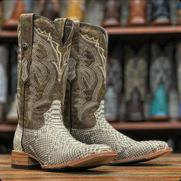 Men's Genuine Python Square Toe Boots Natural Matte - 6.5