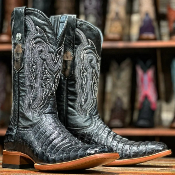 Men's Lufkin Print Caiman Tail Square Toe Boots Black - 6