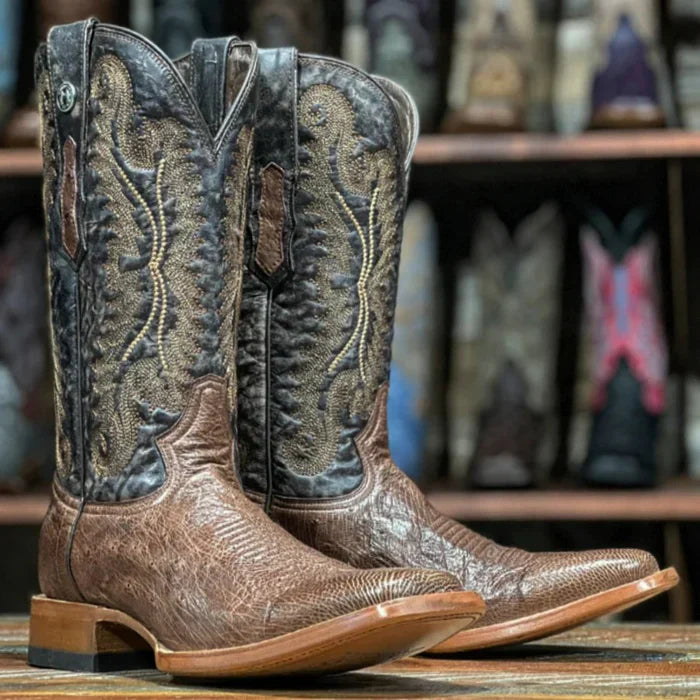 Men's Poteet Genuine Smooth Ostrich Square Toe Boots Brown - 6.5