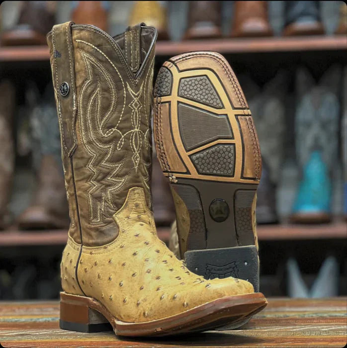 Men's Print Ostrich Square Toe Boots Antique Saddle - 6.5