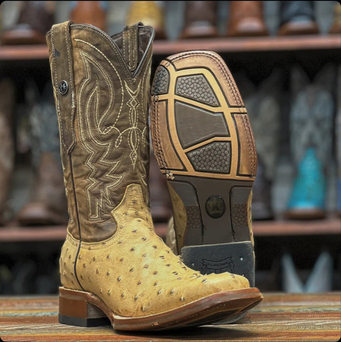 Men's Print Ostrich Square Toe Boots Black with Brown - 6