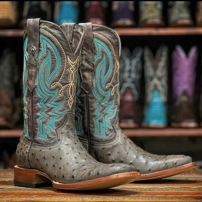 Men's Print Ostrich Square Toe Boots Black with Brown