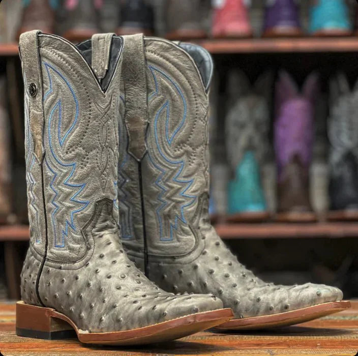 Men's Print Ostrich Square Toe Boots Grey with Black - 6.5
