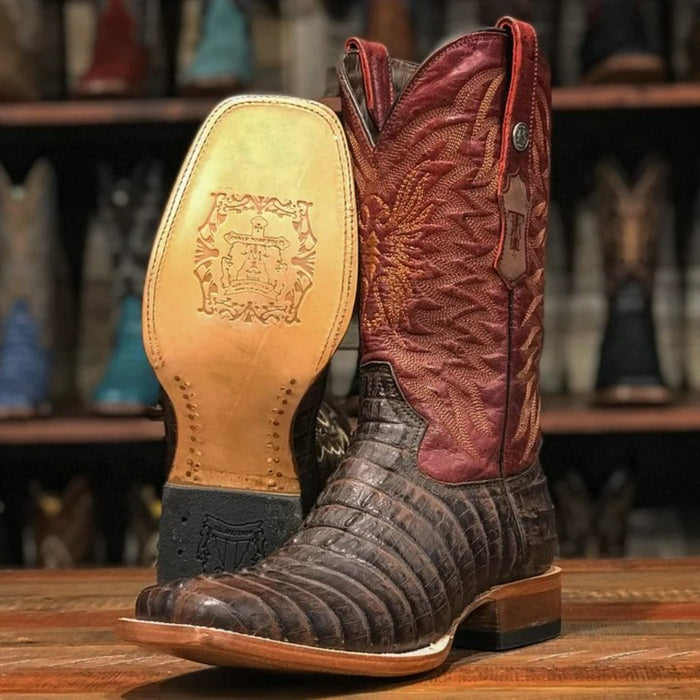 Men's The Bandit Print Caiman Tail Square Toe Boots Chocolate - 6