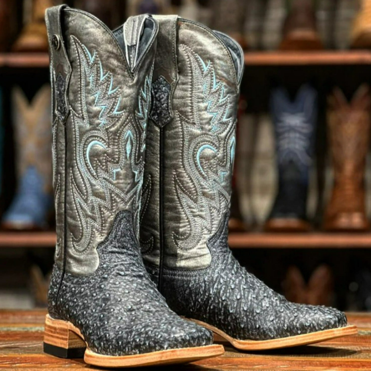 Tanner Mark Women's Full Quill Ostrich Square Toe Boots Blue Denim TMLX20107 - 5