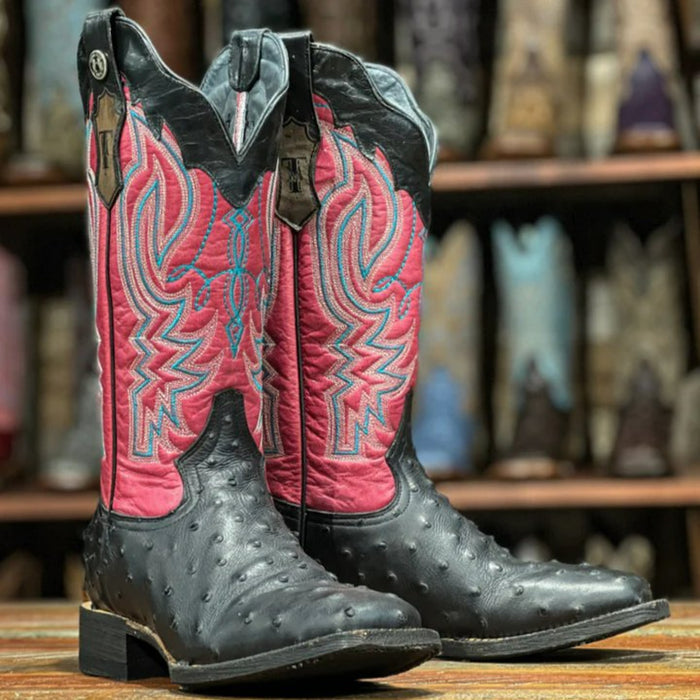 Women's 'Brooke' Ostrich Print Square Toe Boots Chocolate