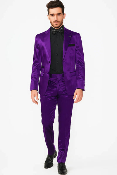 Mens Shiny Blazer - Purple Sateen Vested Suit