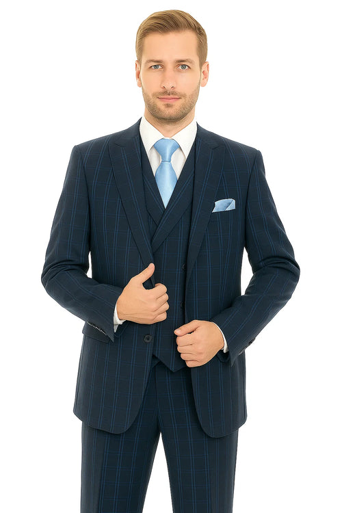 "Windopane Plaid Navy Vest Suit - Men's Double Breasted 2 Button"
