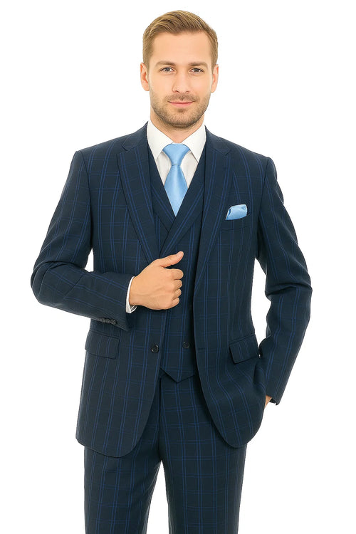 "Windopane Plaid Navy Vest Suit - Men's Double Breasted 2 Button"