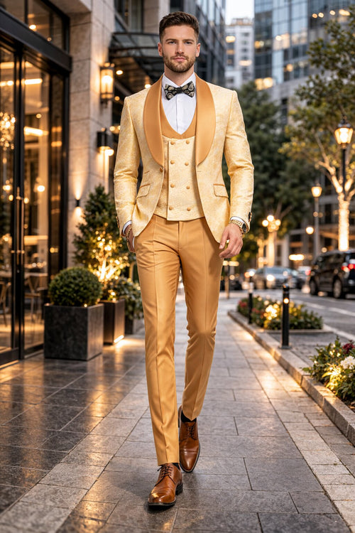 Gold Paisley 3-Piece Skinny Fit Suit β Wide Shawl Lapel with Matching Bow Tie