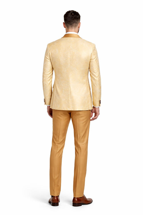 Gold Paisley 3-Piece Skinny Fit Suit β Wide Shawl Lapel with Matching Bow Tie