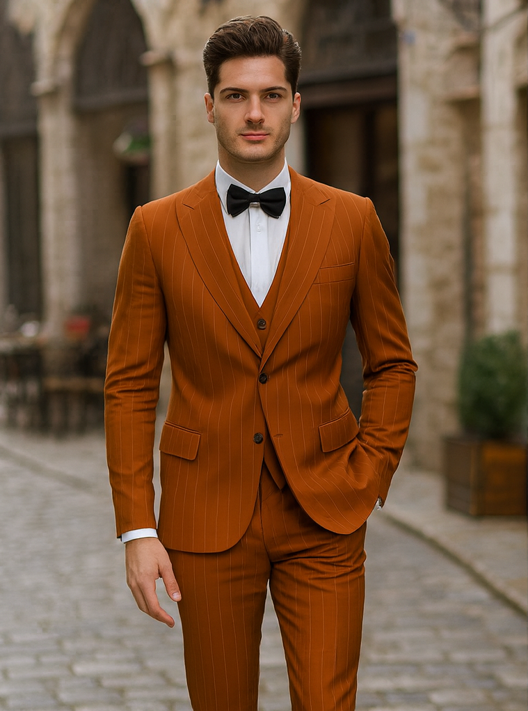 Terracotta Orange Pinstripe Suit for Men – Tazzio Skinny Fit Modern Suit - 58 Long or 58 Regular Jacket+52/54 Adjustable Pants (Fabric: poly/rayon blend)