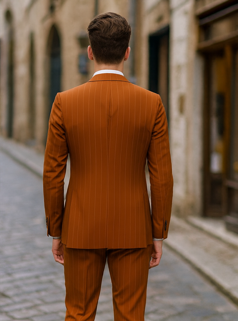 Terracotta Orange Pinstripe Suit for Men – Tazzio Skinny Fit Modern Suit - 58 Long or 58 Regular Jacket+52/54 Adjustable Pants (Fabric: poly/rayon blend)