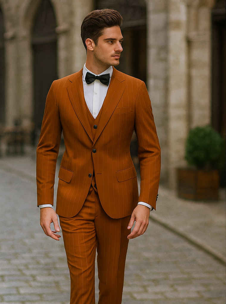 Terracotta Orange Pinstripe Suit for Men – Tazzio Skinny Fit Modern Suit - 58 Long or 58 Regular Jacket+52/54 Adjustable Pants (Fabric: poly/rayon blend)