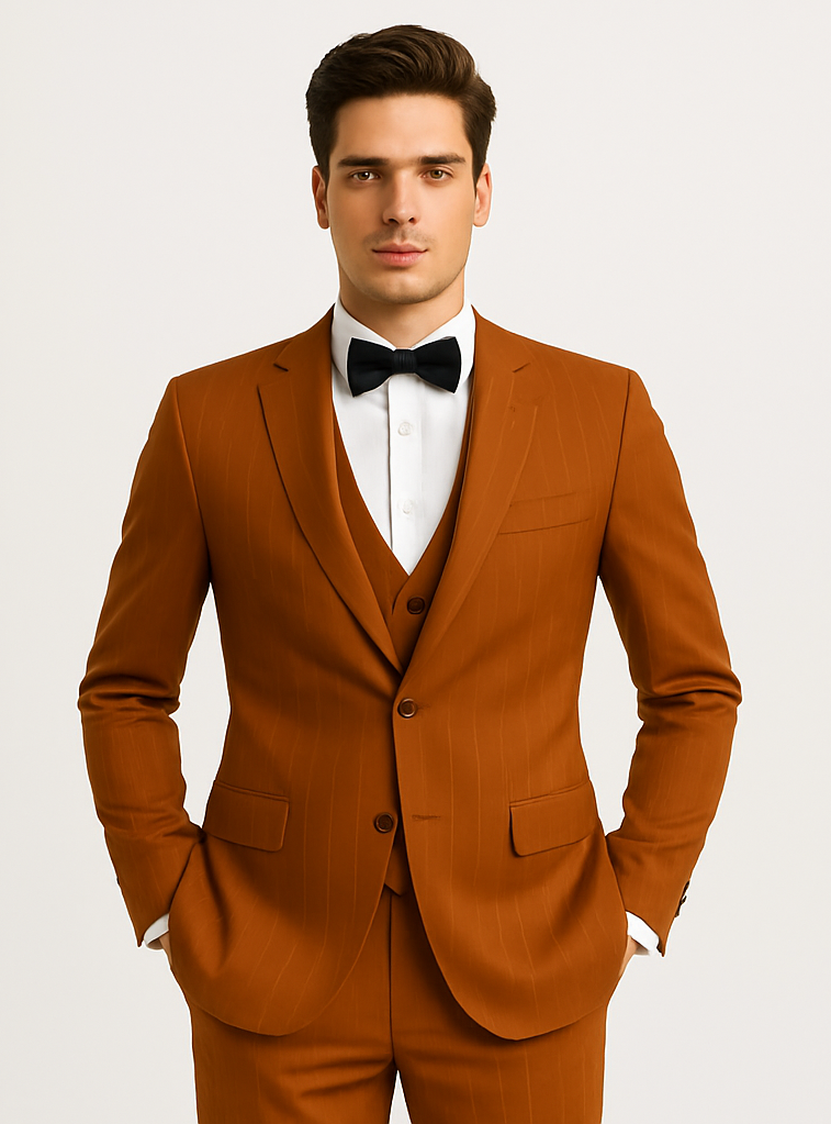 Terracotta Orange Pinstripe Suit for Men – Tazzio Skinny Fit Modern Suit - 58 Long or 58 Regular Jacket+52/54 Adjustable Pants (Fabric: poly/rayon blend)