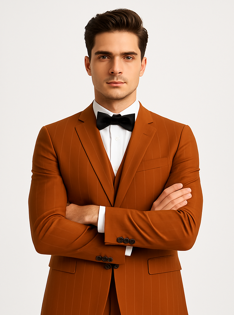 Terracotta Orange Pinstripe Suit for Men – Tazzio Skinny Fit Modern Suit - 58 Long or 58 Regular Jacket+52/54 Adjustable Pants (Fabric: poly/rayon blend)