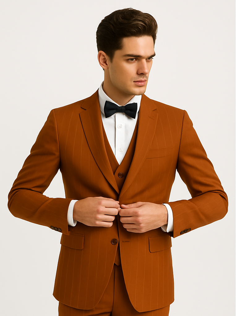 Terracotta Orange Pinstripe Suit for Men – Tazzio Skinny Fit Modern Suit - 58 Long or 58 Regular Jacket+52/54 Adjustable Pants (Fabric: poly/rayon blend)