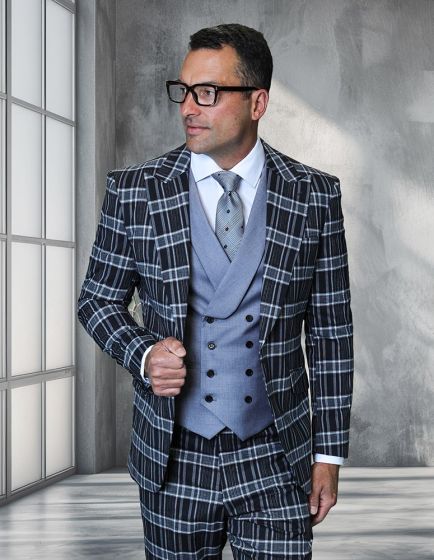 Statement Men's 3 Piece 100% Wool Plaid Suit - Modern Fit