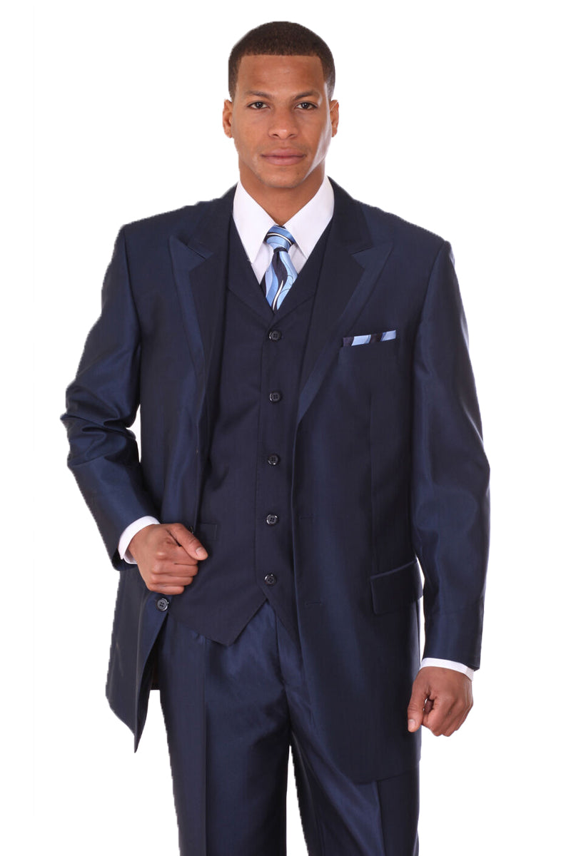 "Sharkskin Suit Mens - Navy Blue, 3-Button Vested with Wide Peak Lapel"