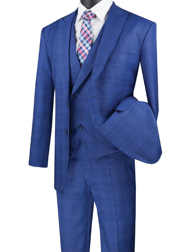 Three Piece Glen Plaid Blue Suit - 36 Short - 30 Waist