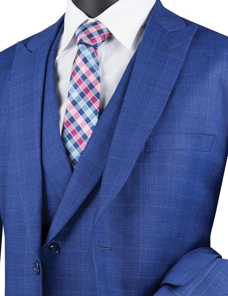 Three Piece Glen Plaid Blue Suit - 36 Short - 30 Waist