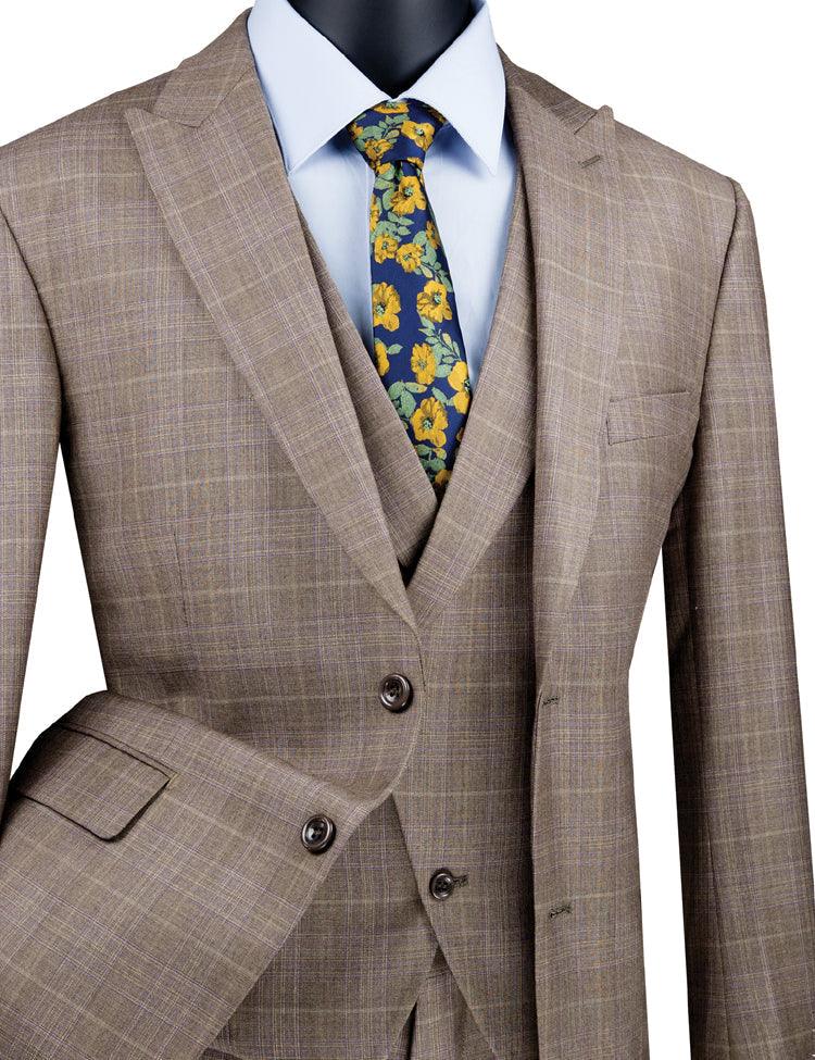 Three Piece Glen Plaid Tan Suit - 36 Short - 30 Waist