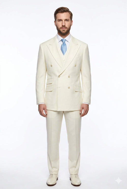 Tiglio Italian Suit - Real Wool Fabric Super 150's EST Off-White, Wide Leg Suit & Vest in Color Off-White