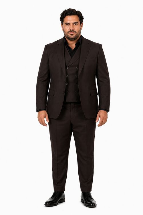 Tiglio Rosso Mens Choclate Brown 3 Piece Suit Double Breasted Vest with Classic 100% Wool Super 150's Fabric - Pleated Pants-New Designer Collection