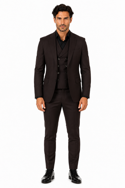 Tiglio Rosso Mens Choclate Brown 3 Piece Suit Double Breasted Vest with Classic 100% Wool Super 150's Fabric - Pleated Pants-New Designer Collection