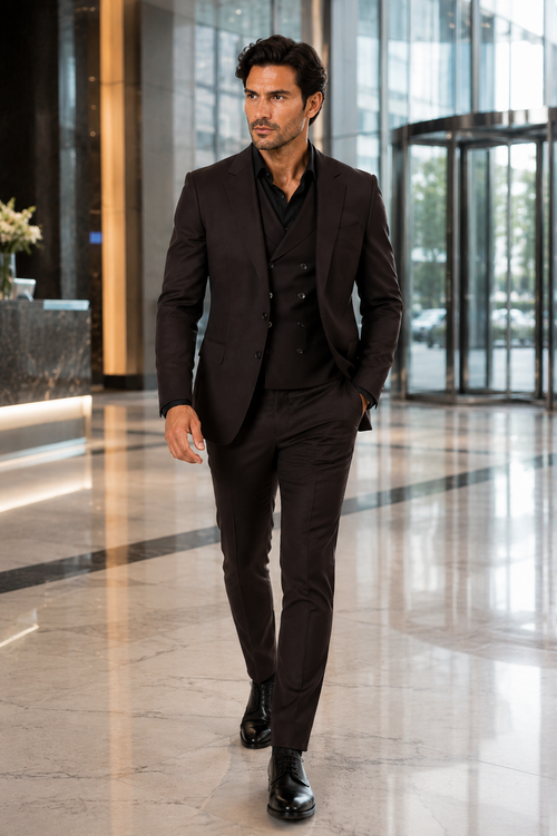 Tiglio Rosso Mens Choclate Brown 3 Piece Suit Double Breasted Vest with Classic 100% Wool Super 150's Fabric - Pleated Pants-New Designer Collection