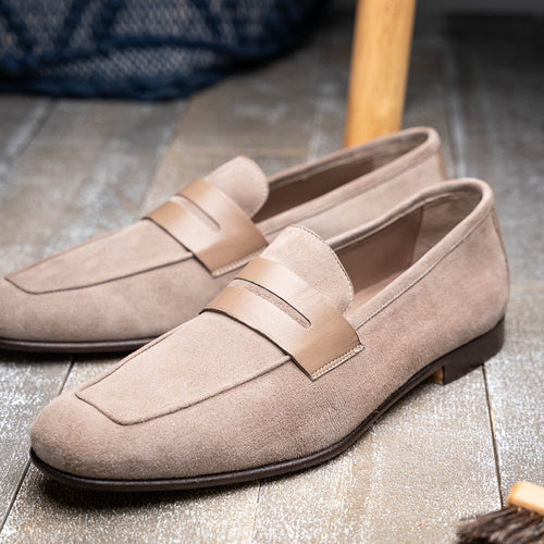 Zelli Tippa Suede and Calfskin Combination Penny Loafers in Taupe