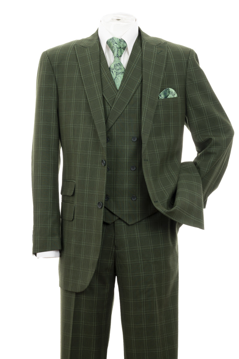 "Olive Windowpane Plaid Men's Double Breasted 2-Button Vest Suit"