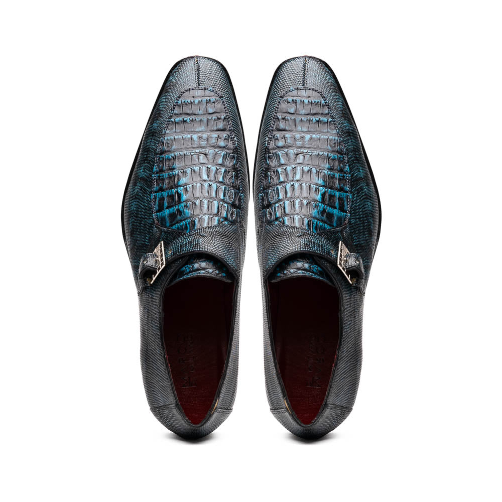 Marco Di Milano Toluca Men's Shoes Black/Blue Exotic Crocodile & Lizard Monk Strap - 8