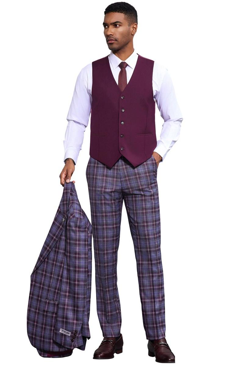Men's Stacy Adams Bold Windowpane Plaid Print Vested Suit in Lavender & Purple - 38 Regular