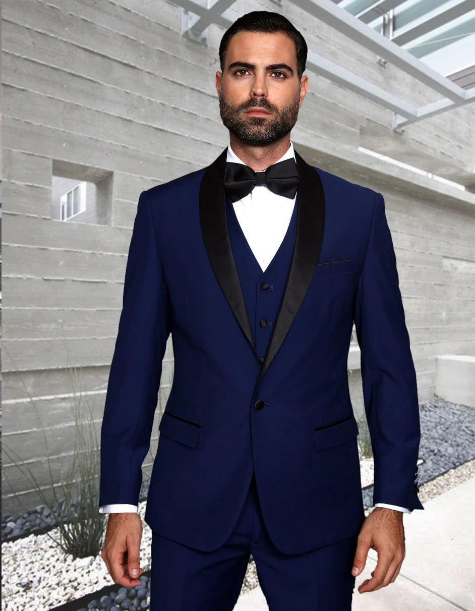 Mens Navy Blue Wedding Tuxedo - Dark Blue Tuxedo Suit"Mens 1 Button Shawl Lapel Vested Wool Wedding - Prom 2025 Tuxedo in Sapphire Blue - 34 Short
