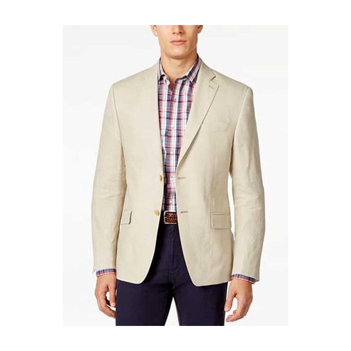 Mens Tan Solid Two Button Classic Fit Single Breasted Sport Coat - S