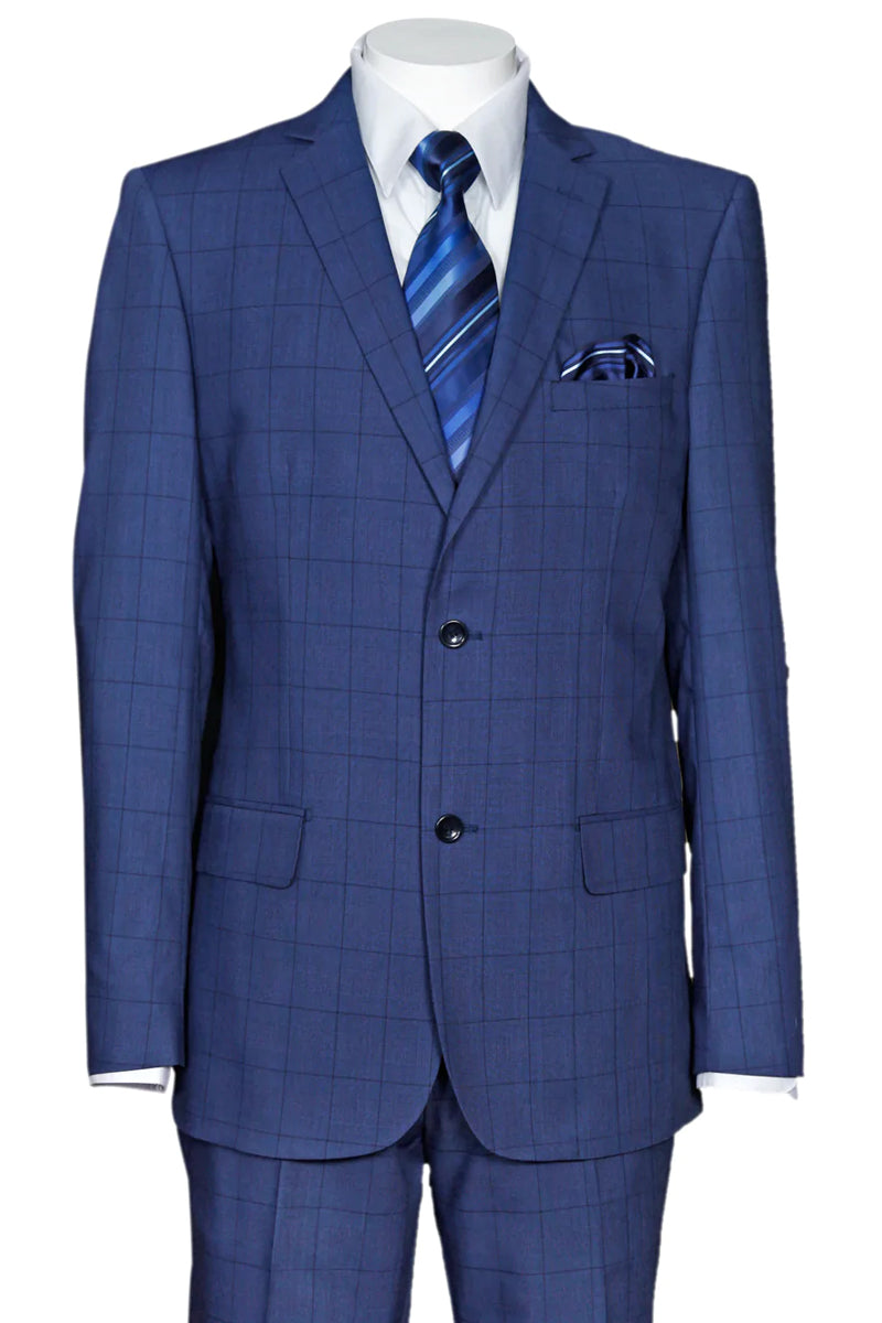 "Modern Fit Men's Windowpane Plaid Suit - 2 Button, Navy Blue"