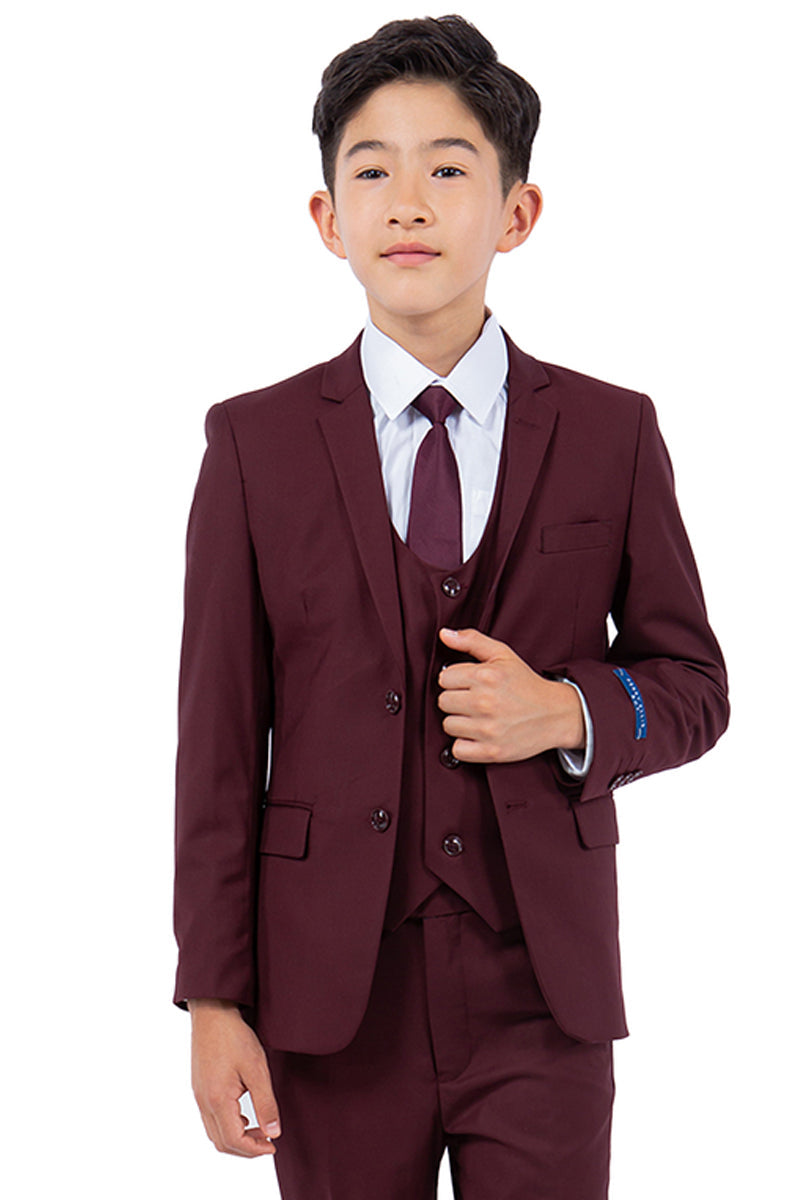 "Burgundy Perry Ellis Boy's Wedding Vested Suit" - 2