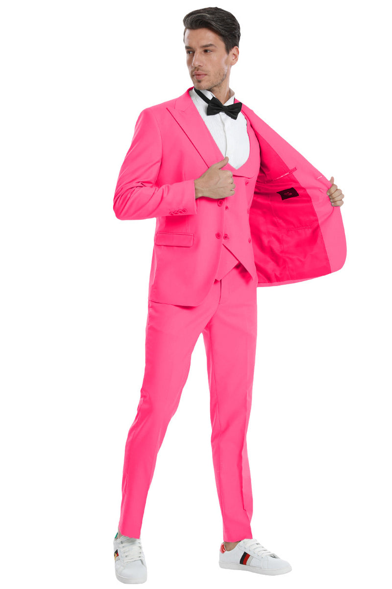 "Fuchsia Pink Men's Wedding & Prom Suit - Two Button Vested Peak Lapel"