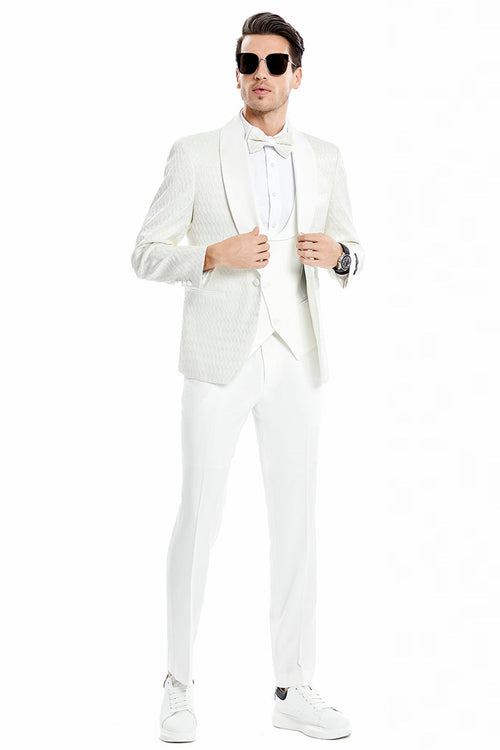 "Ivory Men's Wedding & Prom 2026 Tuxedo - One Button Vested Honeycomb Lace Design"