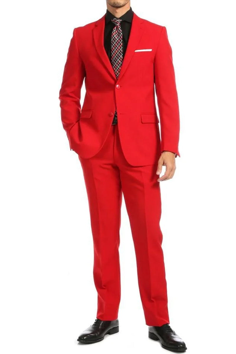 "Red Poplin Suit for Men - Modern Fit with Two Buttons"