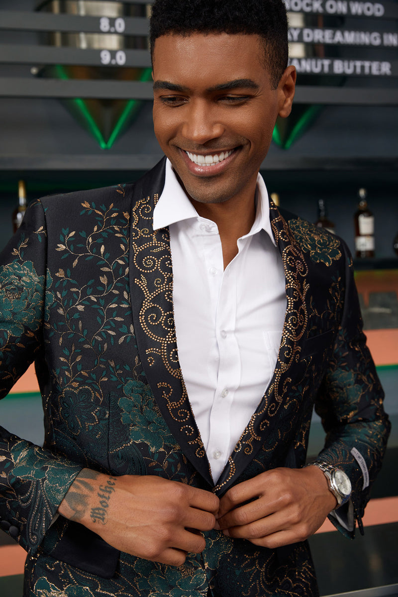 "Stacy Adams Men's Designer Tuxedo Jacket - Prom 2025 & Wedding, Green & Gold Floral Paisley" - XS
